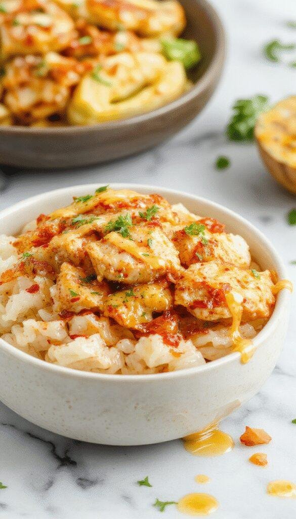 A plate of Honey Mustard Chicken served with fluffy rice, garnished with fresh herbs and drizzled with honey mustard sauce.