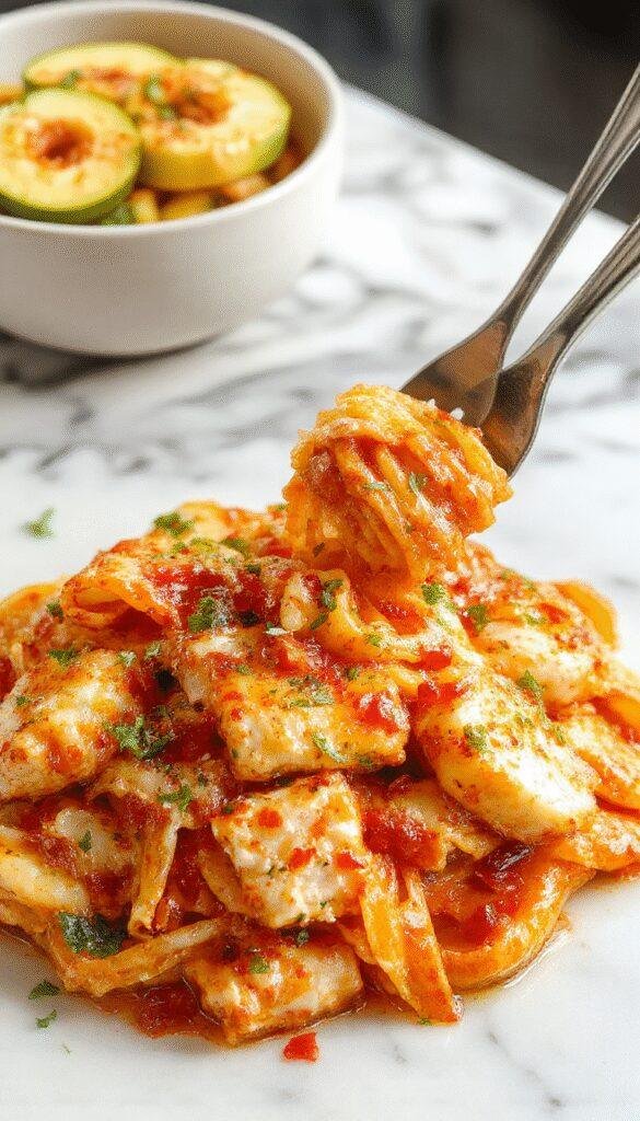 A plate of Honey Pepper Chicken Pasta garnished with fresh herbs, showcasing tender chicken pieces, colorful pasta, and a glossy honey pepper sauce.