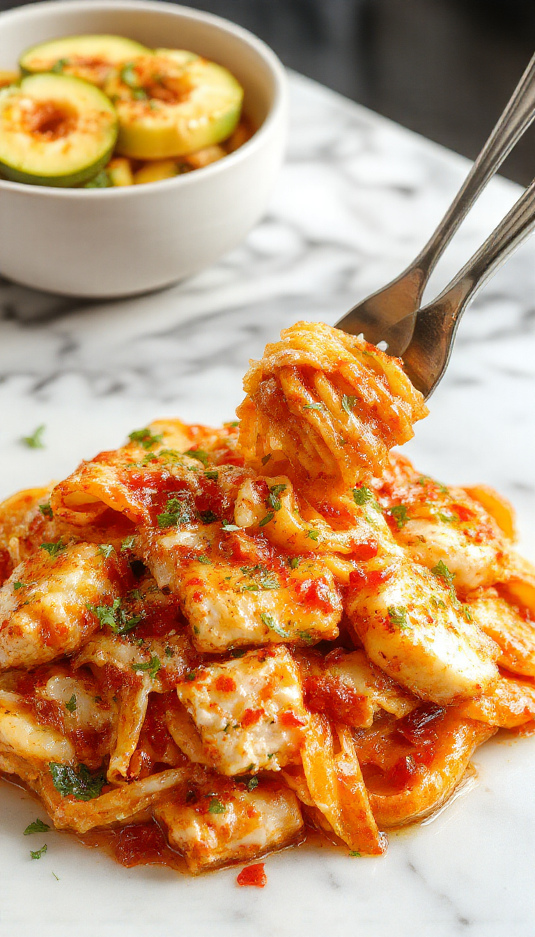 A plate of Honey Pepper Chicken Pasta garnished with fresh herbs, showcasing tender chicken pieces, colorful pasta, and a glossy honey pepper sauce.