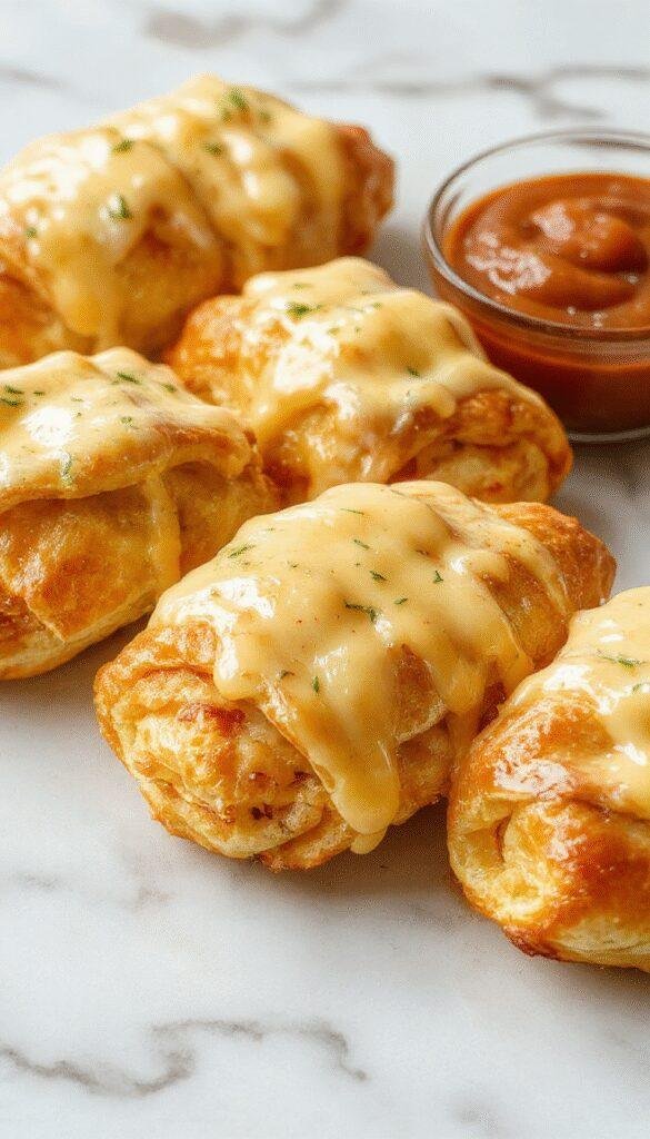 A golden-brown plate featuring flaky crescent rolls filled with melted cheese and shredded chicken, garnished with fresh herbs, styled on a rustic wooden surface with a creamy dipping sauce nearby.