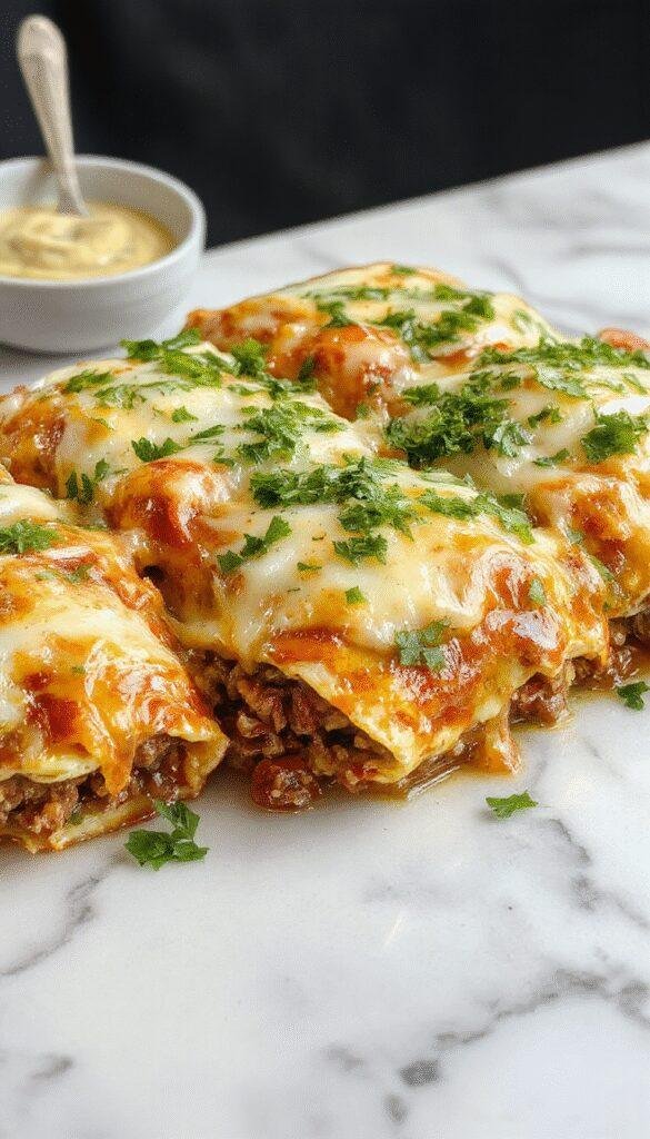 A vibrant plate of cheesy ground beef enchiladas topped with melted cheese and fresh cilantro, served alongside a side of Mexican rice on a rustic wooden table.