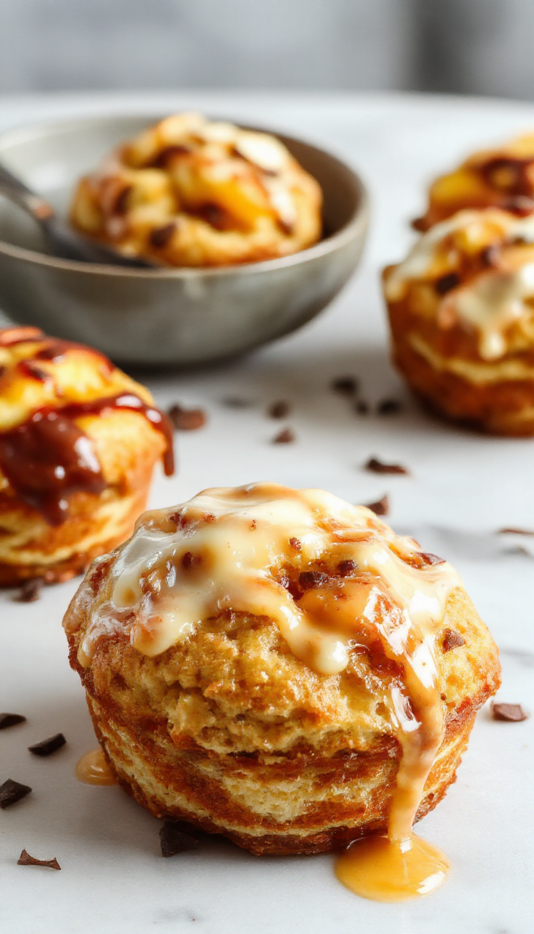 Golden peach cruffins topped with powdered sugar, showcasing flaky layers filled with juicy peach filling, arranged on a rustic plate.