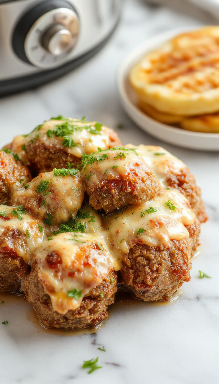 A close-up of juicy Salisbury steak meatballs glazed with savory sauce, arranged neatly on a white plate, garnished with fresh herbs, with a background of a rustic wooden table and steaming sides.