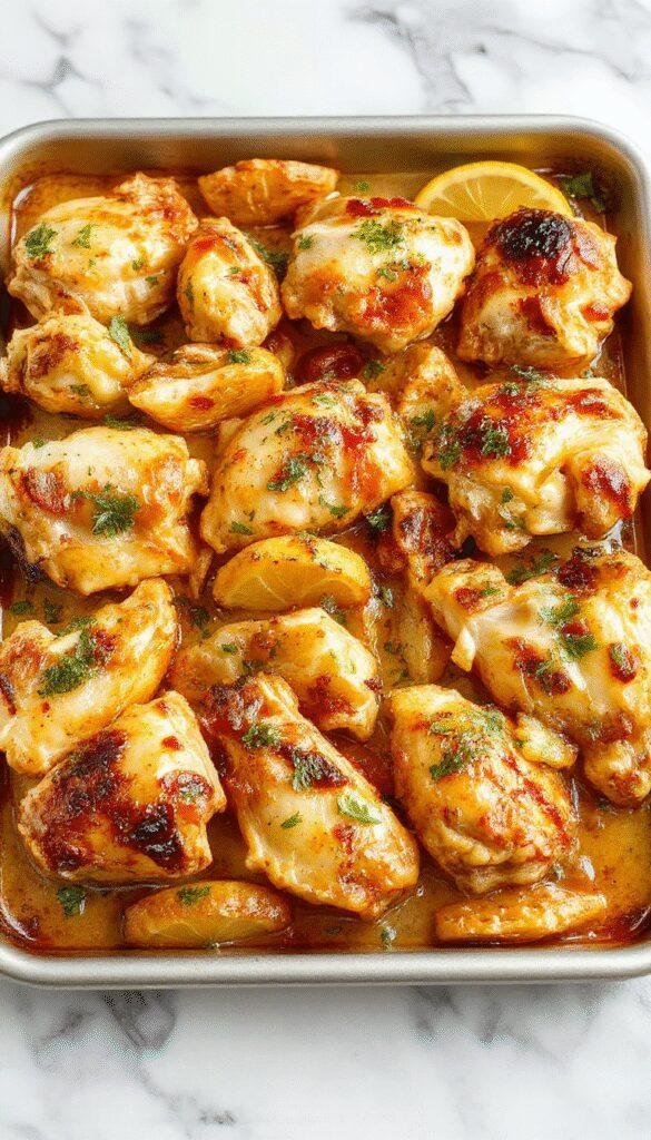 A vibrant sheet pan tropical chicken feast with colorful vegetables, with juicy grilled chicken pieces, fresh pineapple chunks, and tropical garnishes on a serving platter.