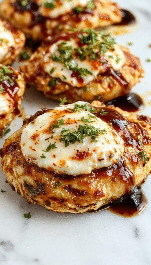 A vibrant plate showcasing golden-brown baked chicken breasts topped with melted mozzarella cheese, drizzled with glistening balsamic glaze. The dish is garnished with fresh herbs, served on a rustic white plate with a backdrop of colorful vegetables and a sprig of basil, highlighting the textures and rich flavors.