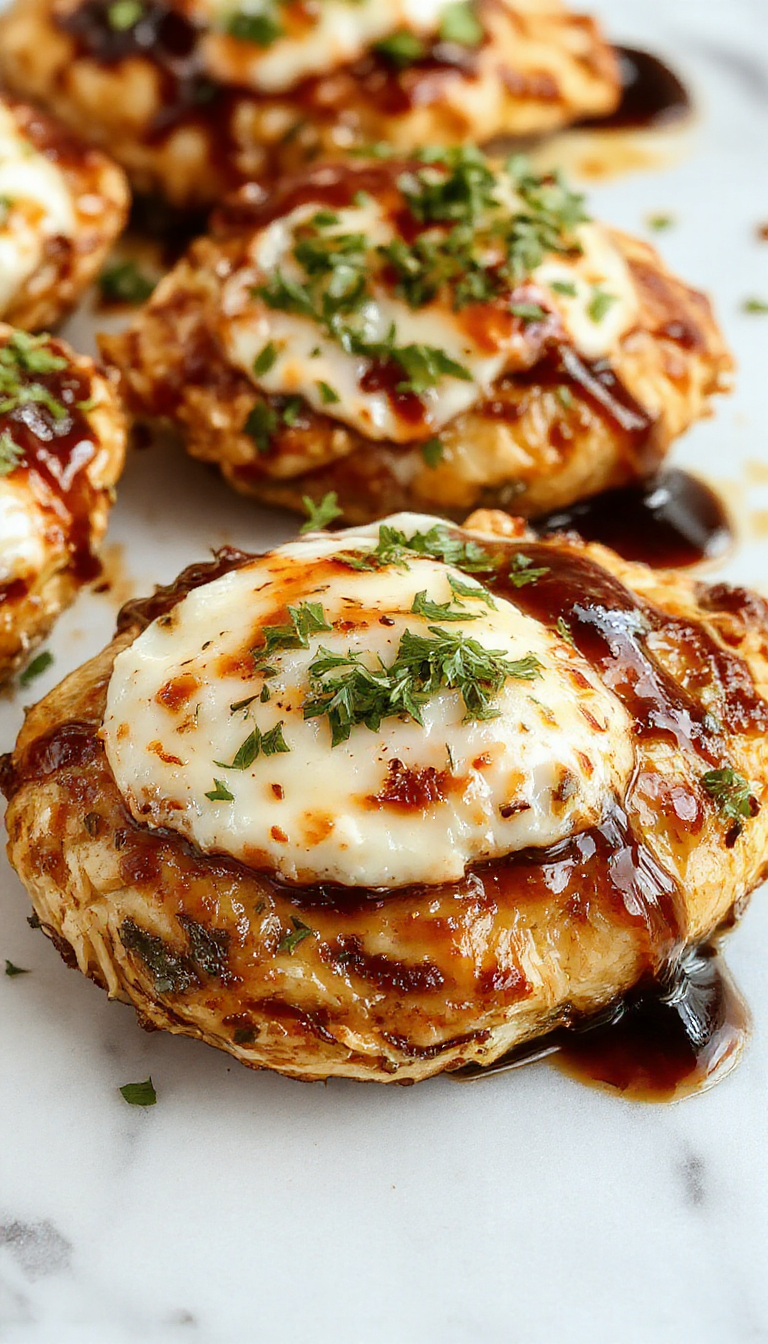A vibrant plate showcasing golden-brown baked chicken breasts topped with melted mozzarella cheese, drizzled with glistening balsamic glaze. The dish is garnished with fresh herbs, served on a rustic white plate with a backdrop of colorful vegetables and a sprig of basil, highlighting the textures and rich flavors.