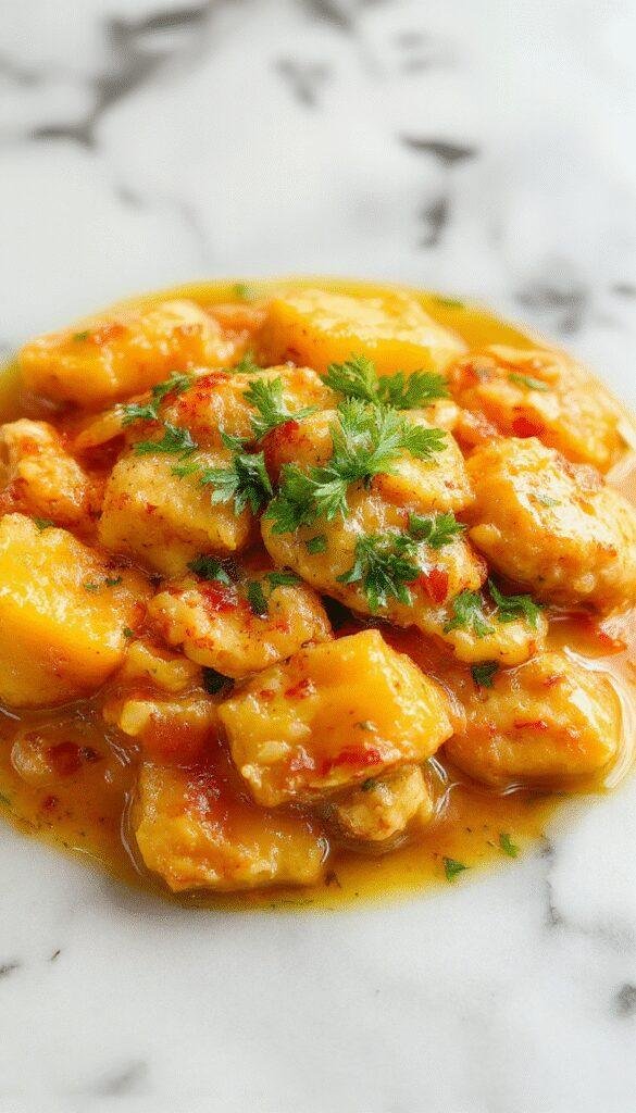 A vibrant plate of mango chicken curry featuring golden-yellow chunks of tender chicken and ripe mango slices garnished with fresh cilantro, served in a white bowl with colorful spices sprinkled around, bright ambient lighting highlighting the rich textures and vivid colors.