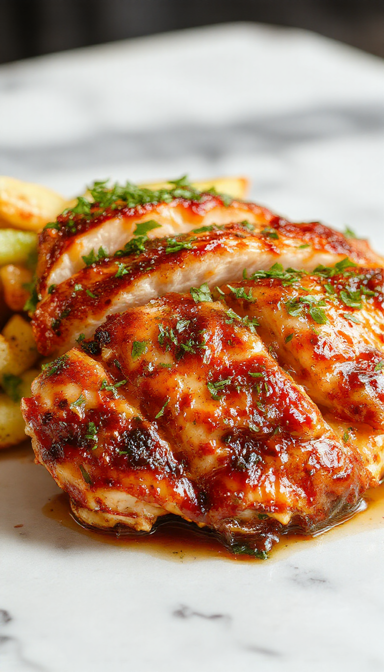 A vibrant plate showcasing perfectly cooked, tender chicken breasts with a golden-brown exterior, garnished with fresh herbs, served alongside colorful vegetables and a drizzle of sauce, styled on a rustic wooden table with natural lighting highlighting the textures and juicy interior.