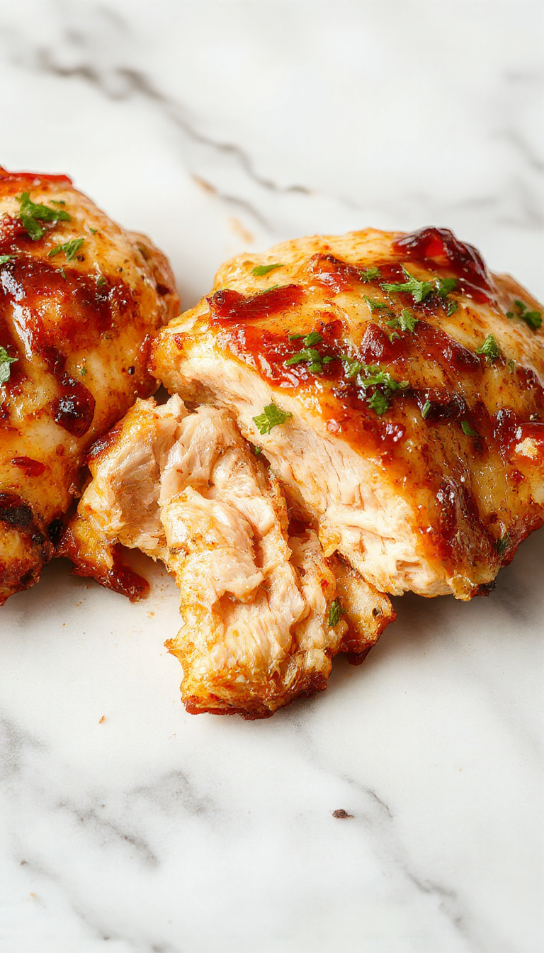 Colorful plated chicken breast dish featuring golden-brown crispy edges, tender juicy meat inside, garnished with fresh herbs and vibrant vegetables on a rustic plate.