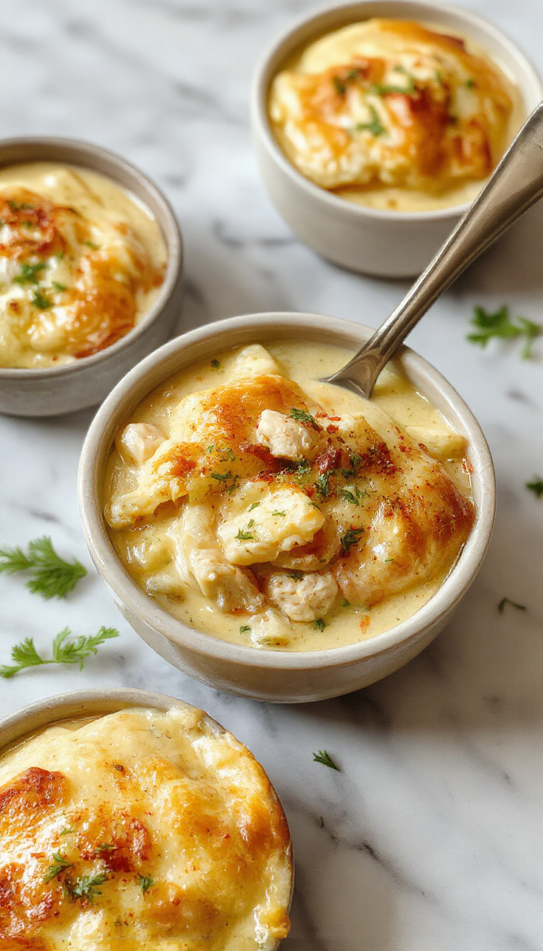 A steaming bowl of keto chicken pot pie soup with chunks of tender chicken, luscious creamy broth, topped with golden flaky biscuit crumbles, garnished with fresh herbs, displayed on a rustic wooden table with a spoon ready for serving.