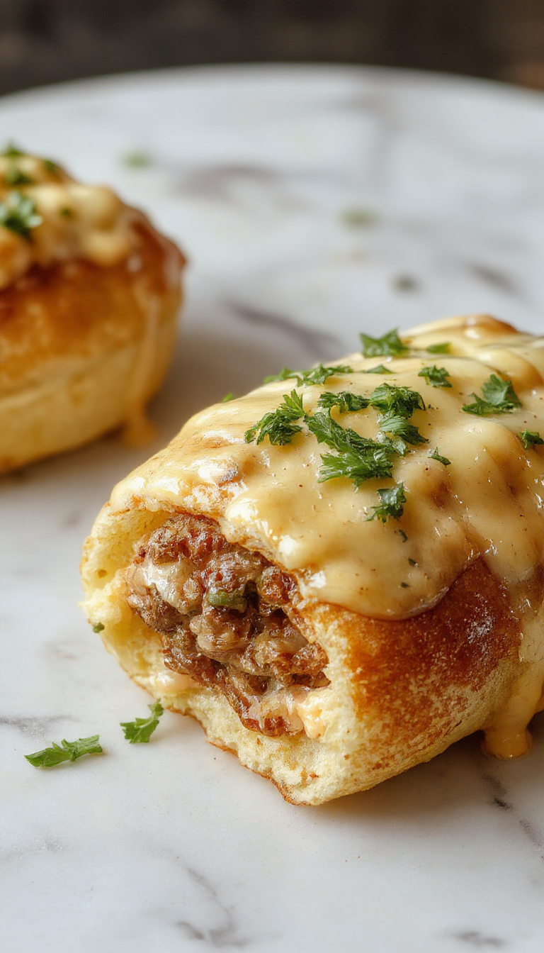 Keto Philly Cheesesteak Rolls on a wooden platter, filled with melted cheese, tender steak strips, and fresh green peppers, garnished with herbs.