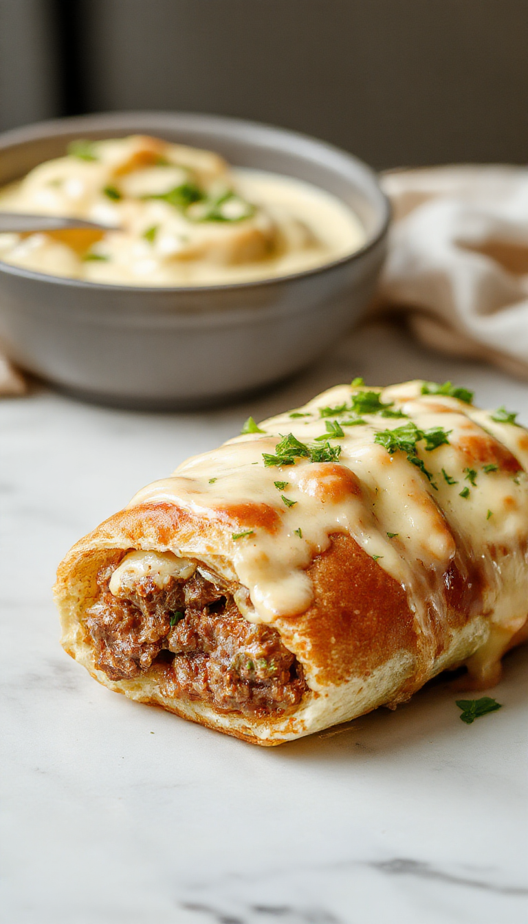 Golden brown keto Philly cheesesteak rolls sliced open to reveal tender sliced beef, melted cheese, colorful bell peppers, and onions inside a crispy wrap, arranged on a rustic wooden serving board with fresh herbs for garnish