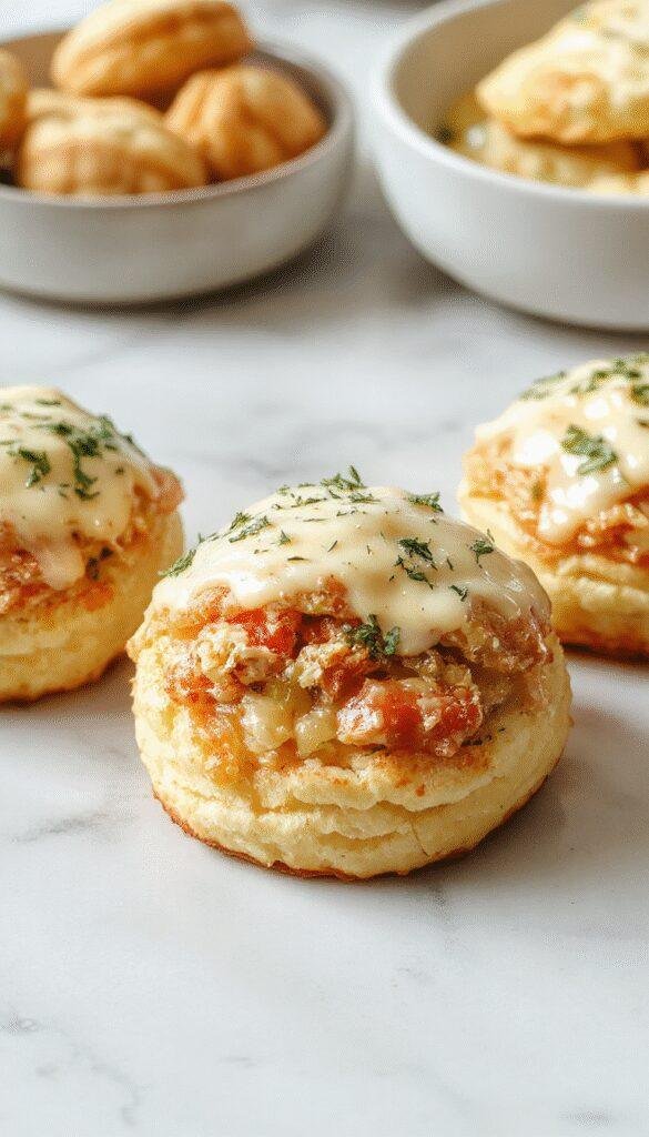 Golden-brown cheddar bay biscuits filled with succulent crab meat, topped with a drizzle of vibrant lemon butter sauce, garnished with fresh herbs, and served on a rustic white plate with a lemon wedge on the side.