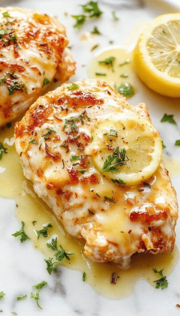 Vibrant lemon chicken served on a white plate with a glossy lemon butter sauce drizzled over tender chicken breasts, garnished with fresh lemon slices and parsley, set on a rustic wooden table with a pop of bright yellow and green colors, styled elegantly for a gourmet presentation.