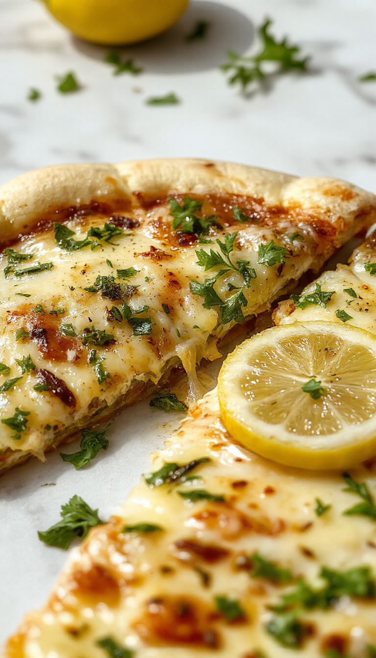 A round flatbread pizza topped with bright yellow lemon slices, fresh green herbs, and a golden-brown crust, garnished with additional herbs and lemon zest for vibrant contrast and fresh appeal