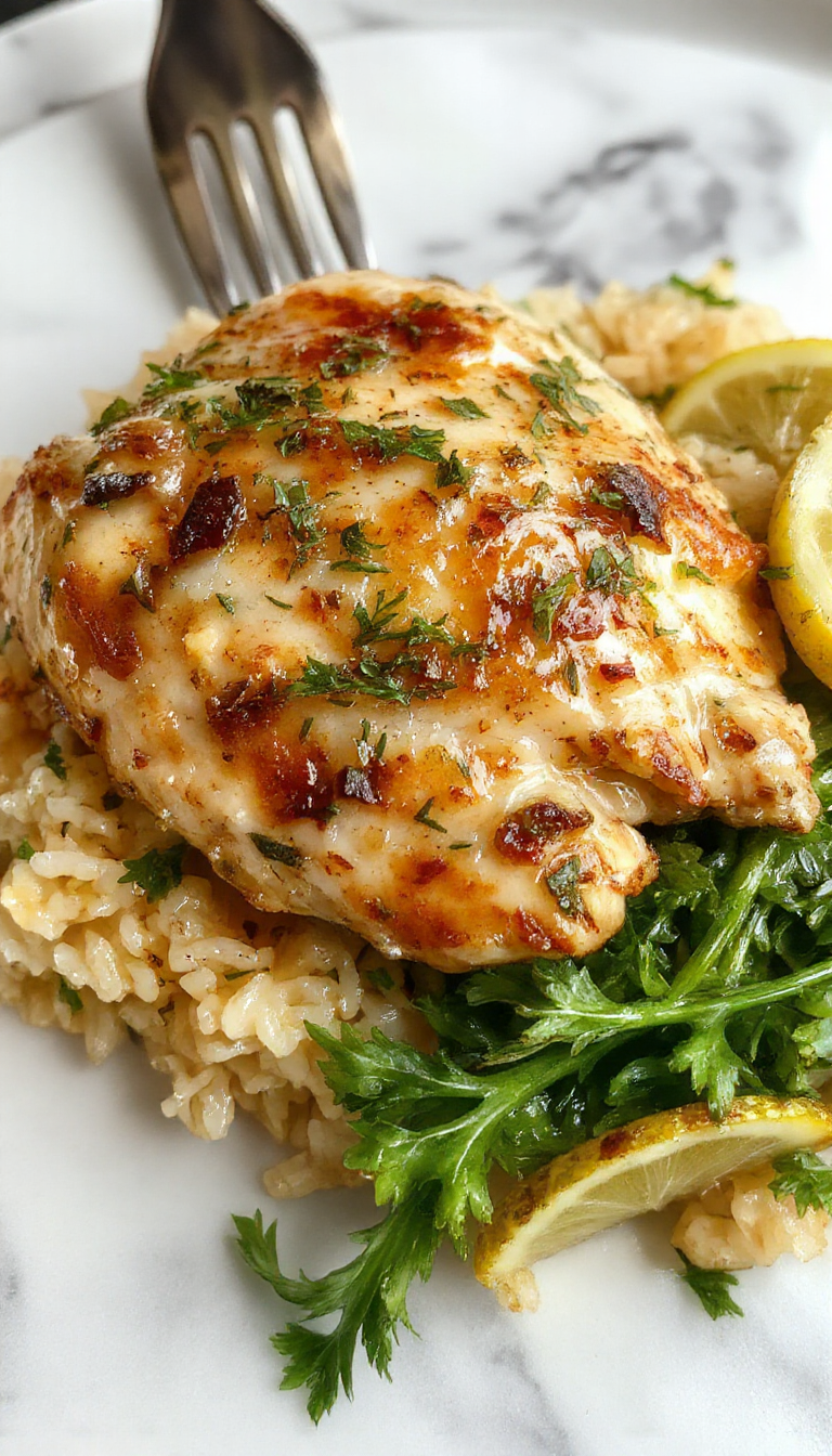 A vibrant bowl showcasing tender shredded chicken coated in a bright lemon herb sauce atop fluffy white rice. The dish is garnished with fresh herbs and lemon slices, served on a rustic wooden table with a drizzle of sauce, highlighting the colorful and savory presentation.