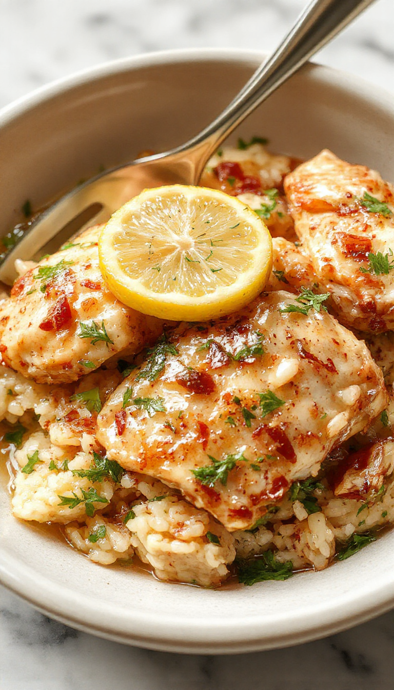 A vibrant bowl of slow cooker lemon herb chicken and rice featuring tender shredded chicken, bright yellow lemon slices, fresh green herbs, all beautifully plated with fluffy rice and garnished with lemon zest and herbs. The dish is styled with a rustic wooden background and natural lighting highlighting the colorful ingredients and inviting textures.