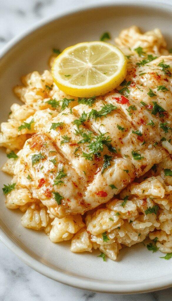 A vibrant plate featuring tender shredded chicken coated in a bright lemon herb sauce, served alongside fluffy rice sprinkled with fresh herbs, garnished with lemon slices and greenery, styled on a rustic wooden table with a warm, inviting atmosphere.