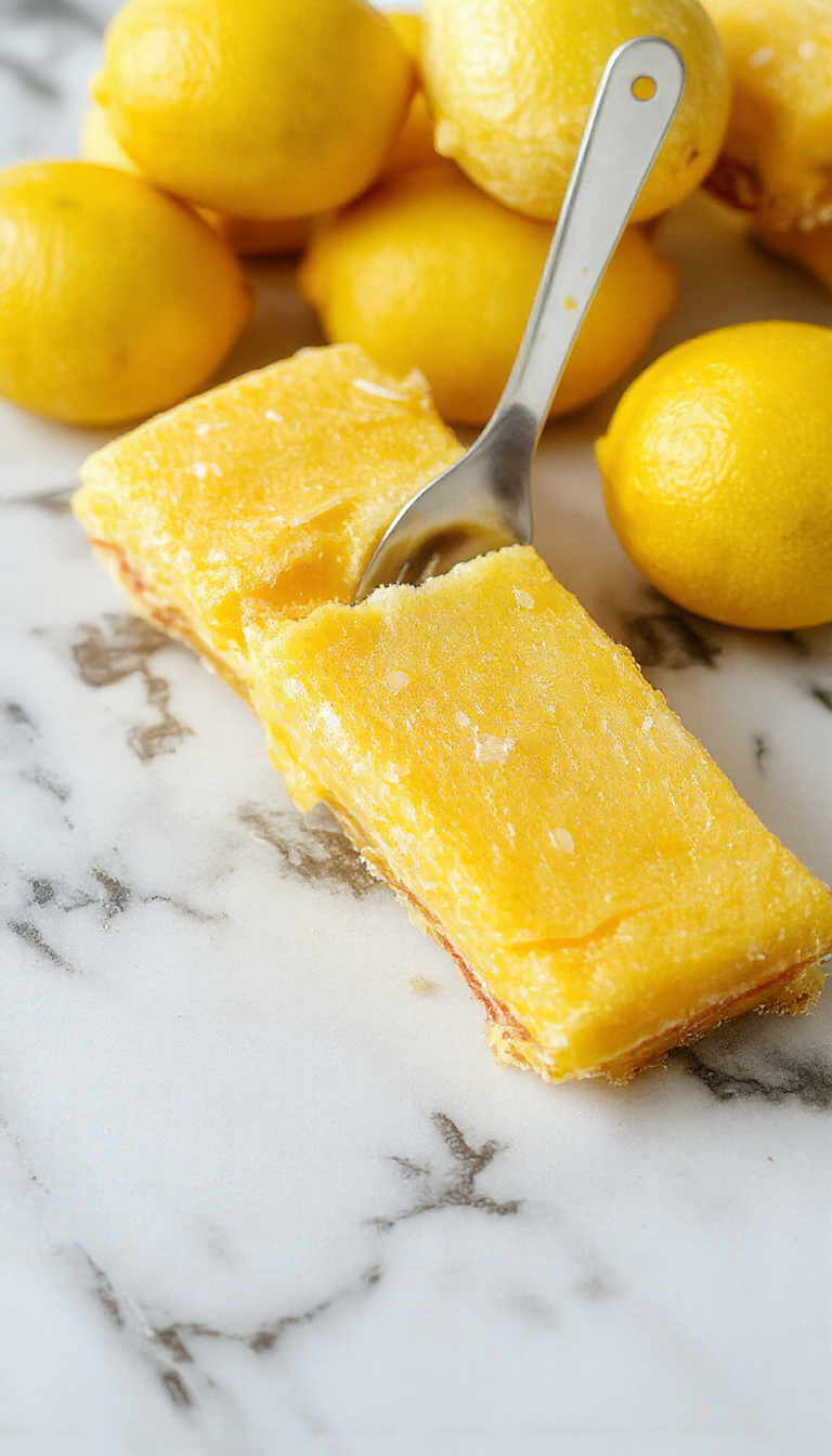 A close-up of Lemon Lush bars showcasing their rich, fudgy texture with a zesty lemon topping and a golden crust.