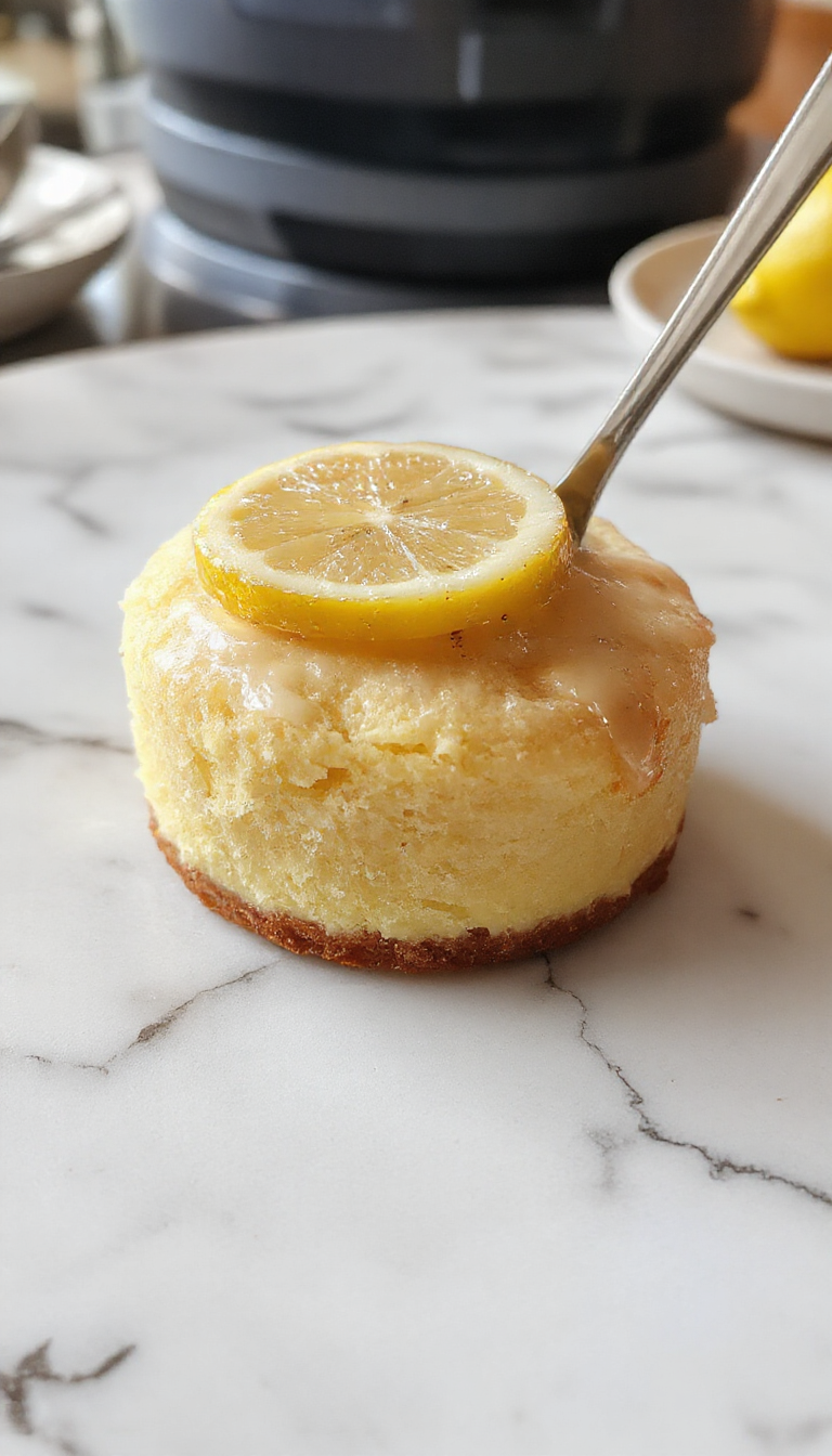 A vibrant lemon sponge pie with a golden browned top and bright yellow filling, sliced to reveal airy sponge layers, decorated with fresh lemon slices and powdered sugar, styled on a rustic white plate with a clean background.