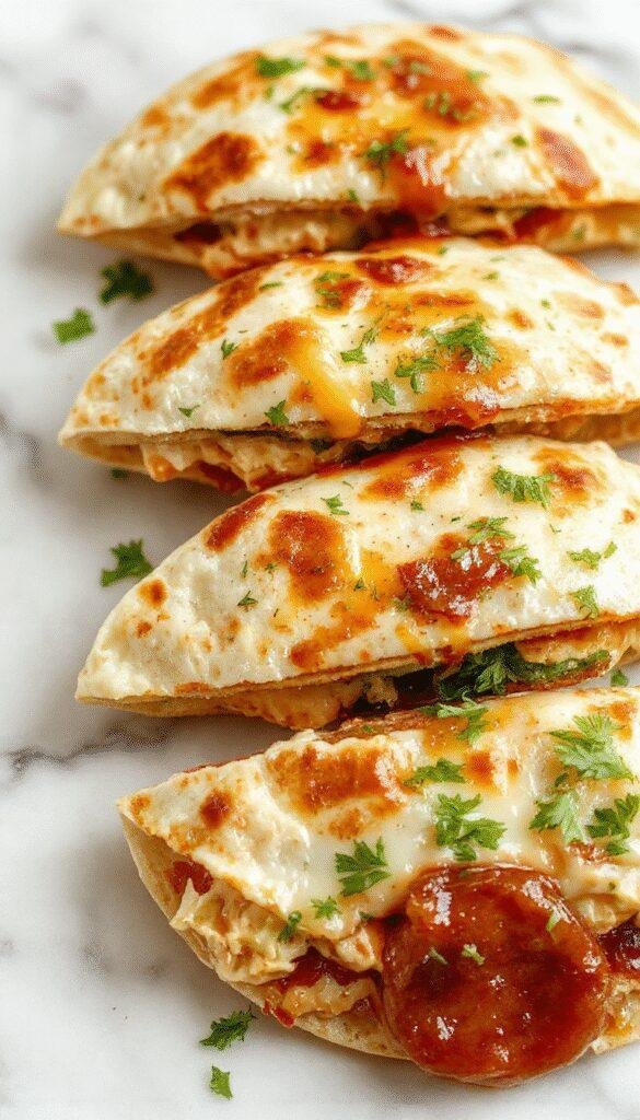 Golden chicken bacon ranch quesadillas filled with melted cheese, crispy bacon, and savory chicken, sliced into triangles on a plate.