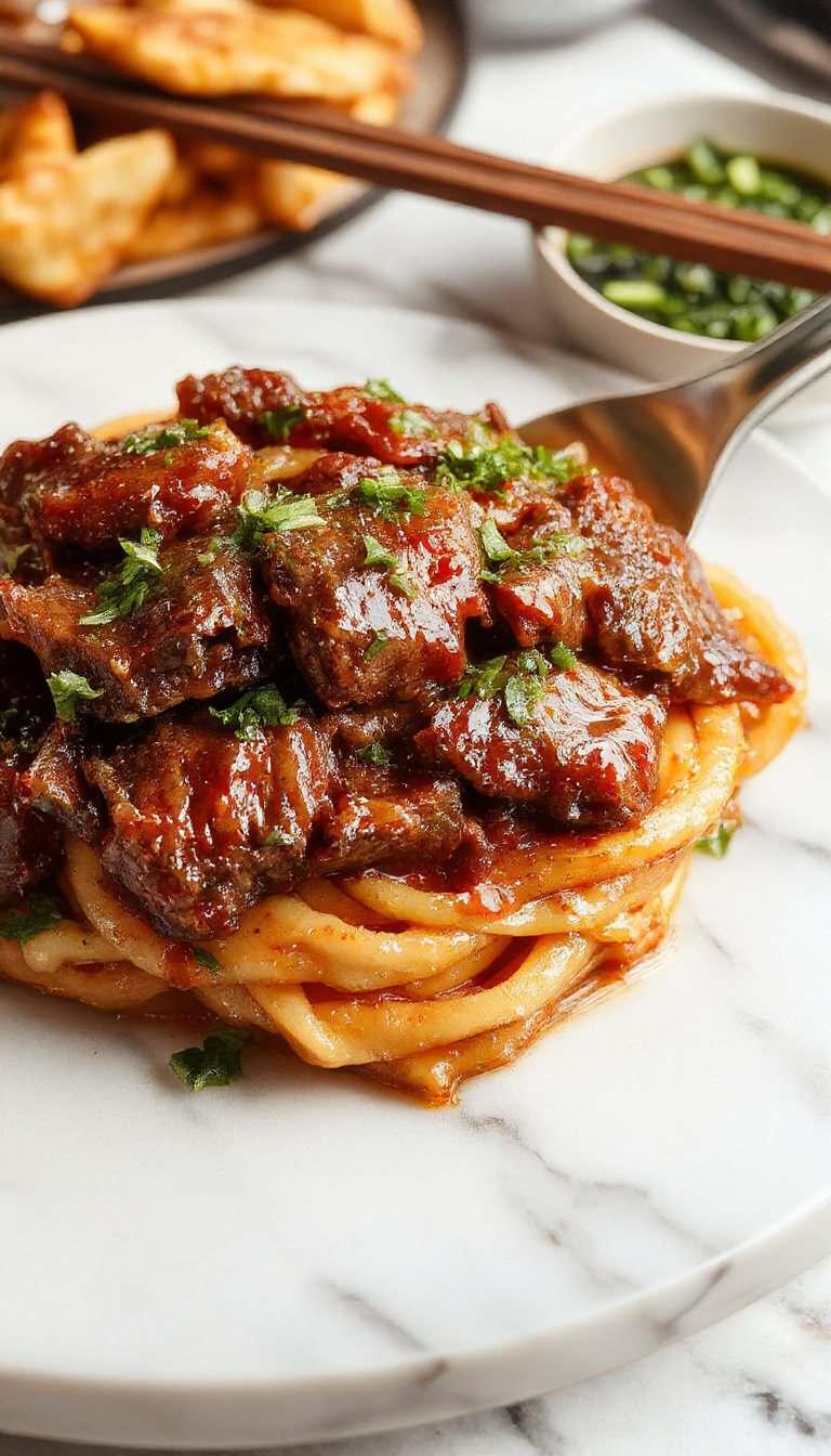 A steaming bowl of glazed beef noodles garnished with green onions and sesame seeds, showcasing tender beef and glossy sauce beneath colorful vegetables.