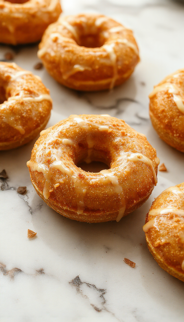 A batch of fluffy pumpkin donuts glazed with shiny maple syrup, garnished with cinnamon and a dusting of powdered sugar, arranged on a rustic plate.