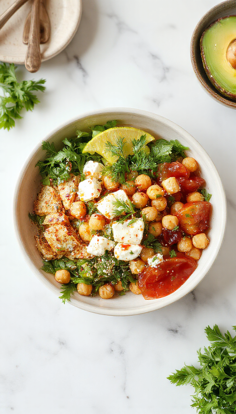 A colorful Mediterranean Power Bowl featuring chickpeas, feta cheese, cherry tomatoes, cucumbers, olives, and fresh herbs arranged in a vibrant bowl.