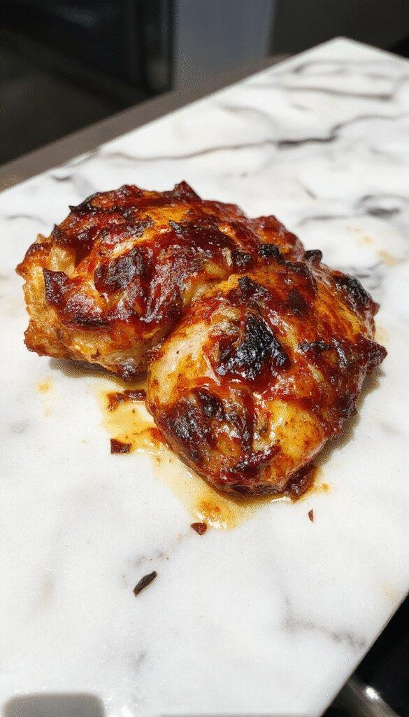 A close-up of melt-in-your-mouth chicken served on a white plate. The golden-brown chicken pieces are glazed with a savory sauce, garnished with fresh herbs, and surrounded by vibrant steamed vegetables. The dish is plated elegantly on a rustic wooden table with a side of creamy mashed potatoes.