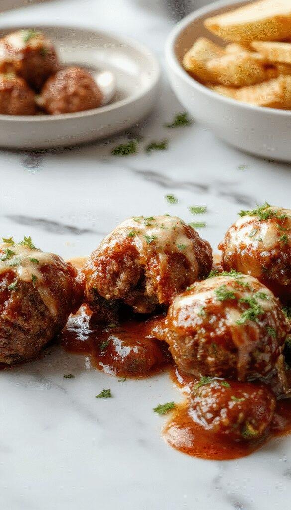 A close-up of golden-brown, perfectly round Italian meatballs arranged on a white plate, topped with rich marinara sauce and fresh basil, garnished with grated parmesan, with a rustic wooden background showcasing additional herbs and bread.