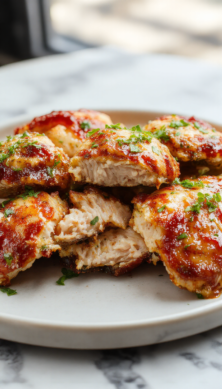 A close-up of a perfectly cooked, golden-brown chicken breast with a juicy, tender interior, garnished with fresh herbs and served on a rustic plate, showcasing moist and flaky textures with a glossy glaze.
