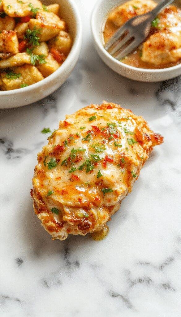 A close-up of a perfectly baked chicken breast glazed with a golden, buttery sauce, garnished with fresh herbs on a rustic white plate, surrounded by vibrant vegetables providing a colorful and appetizing presentation with a glossy, tender texture.
