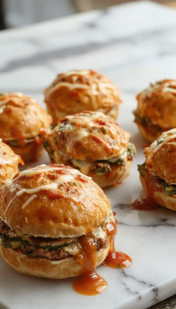 A plate of Morning Delight Sliders arranged with fluffy mini buns, scrambled eggs, crispy bacon, melted cheese, and fresh herbs, perfect for breakfast.