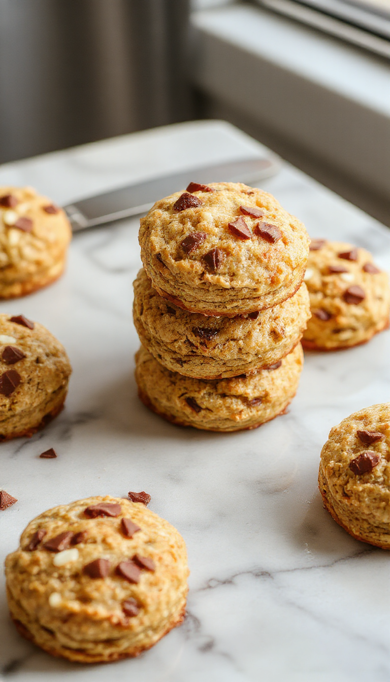 Close-up of rustic Morning Power Bites protein biscuits arranged on a wooden platter, showcasing their golden-brown crust and hearty texture.