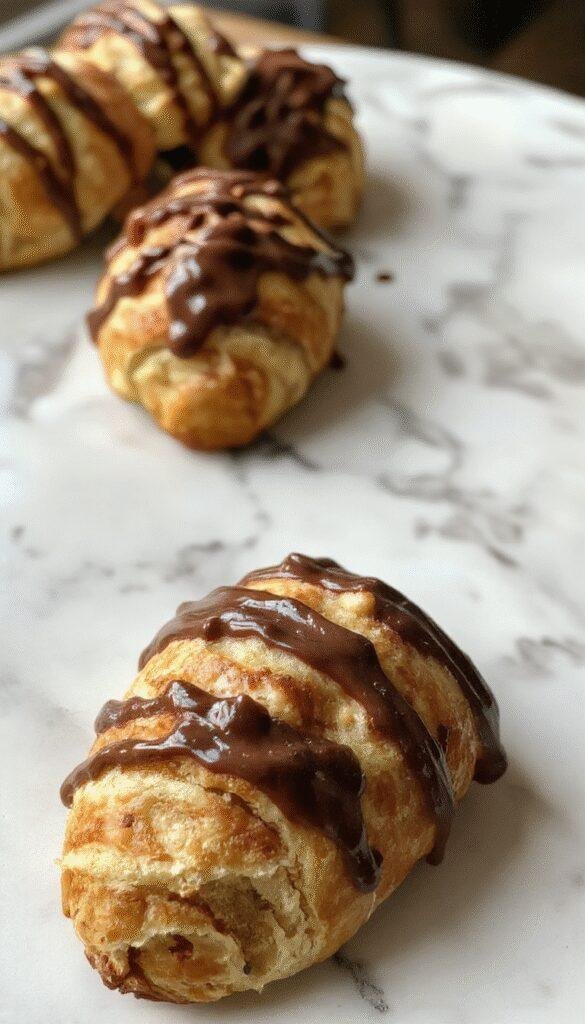 A flaky, golden chocolate croissant dusted with powdered sugar, filled with melted chocolate, on a rustic wooden table.
