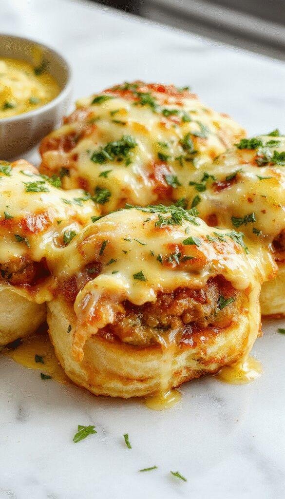 A close-up shot of golden-brown cheeseburger rollups topped with melted cheese and drizzled with garlic butter, arranged on a rustic wooden platter with fresh herbs and sesame seeds for garnish, showcasing their crispy edges and gooey cheesy centers.
