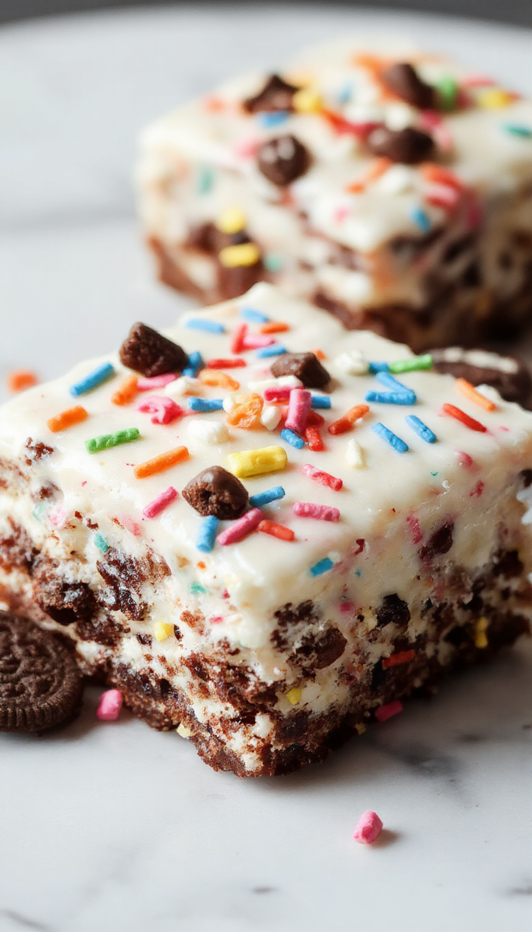 Colorful layered icebox cake featuring crushed Oreos and sprinkles, topped with whipped cream and vibrant rainbow funfetti sprinkles, arranged in a clear glass dish showcasing textures and bright hues.