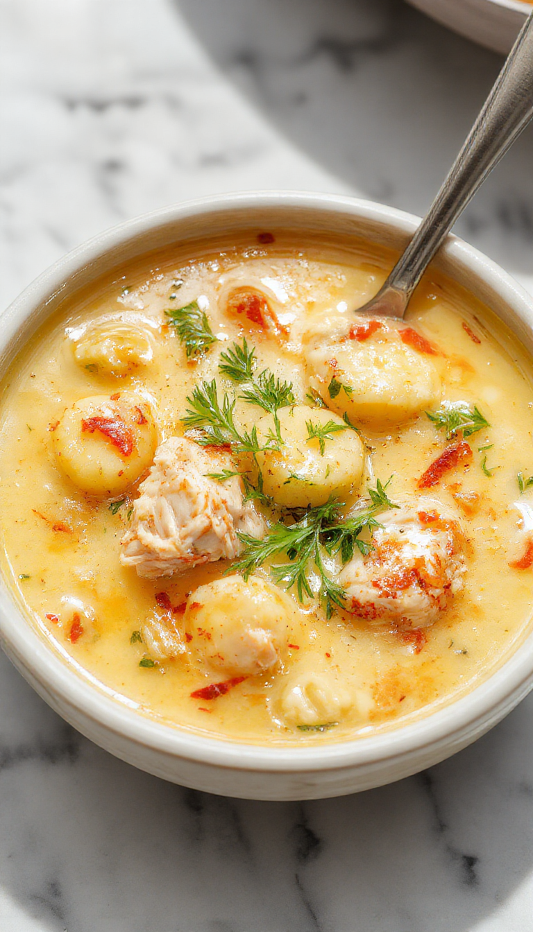 A steaming bowl of Olive Garden style chicken gnocchi soup with creamy broth, tender chicken pieces, soft gnocchi, spinach, and herbs, garnished with freshly grated Parmesan cheese, presented on a rustic wooden table.