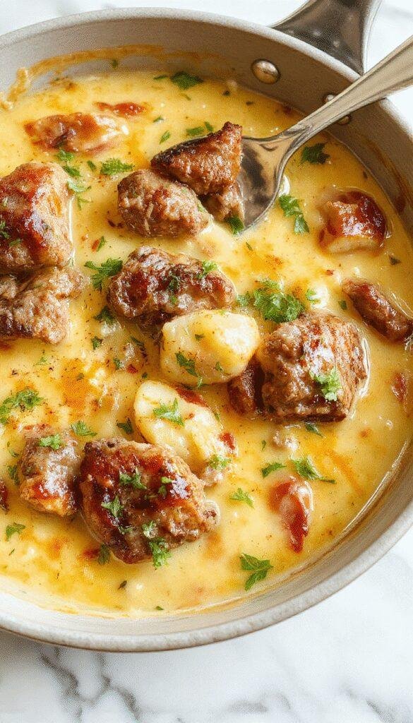 A vibrant, close-up shot of a one-pan creamy meat and potato skillet featuring golden-brown sliced potatoes, tender cooked meat, and a luscious creamy sauce. The dish is garnished with fresh herbs and served on a rustic white plate, showcasing rich textures and warm colors, with steam rising to emphasize freshness and comfort.
