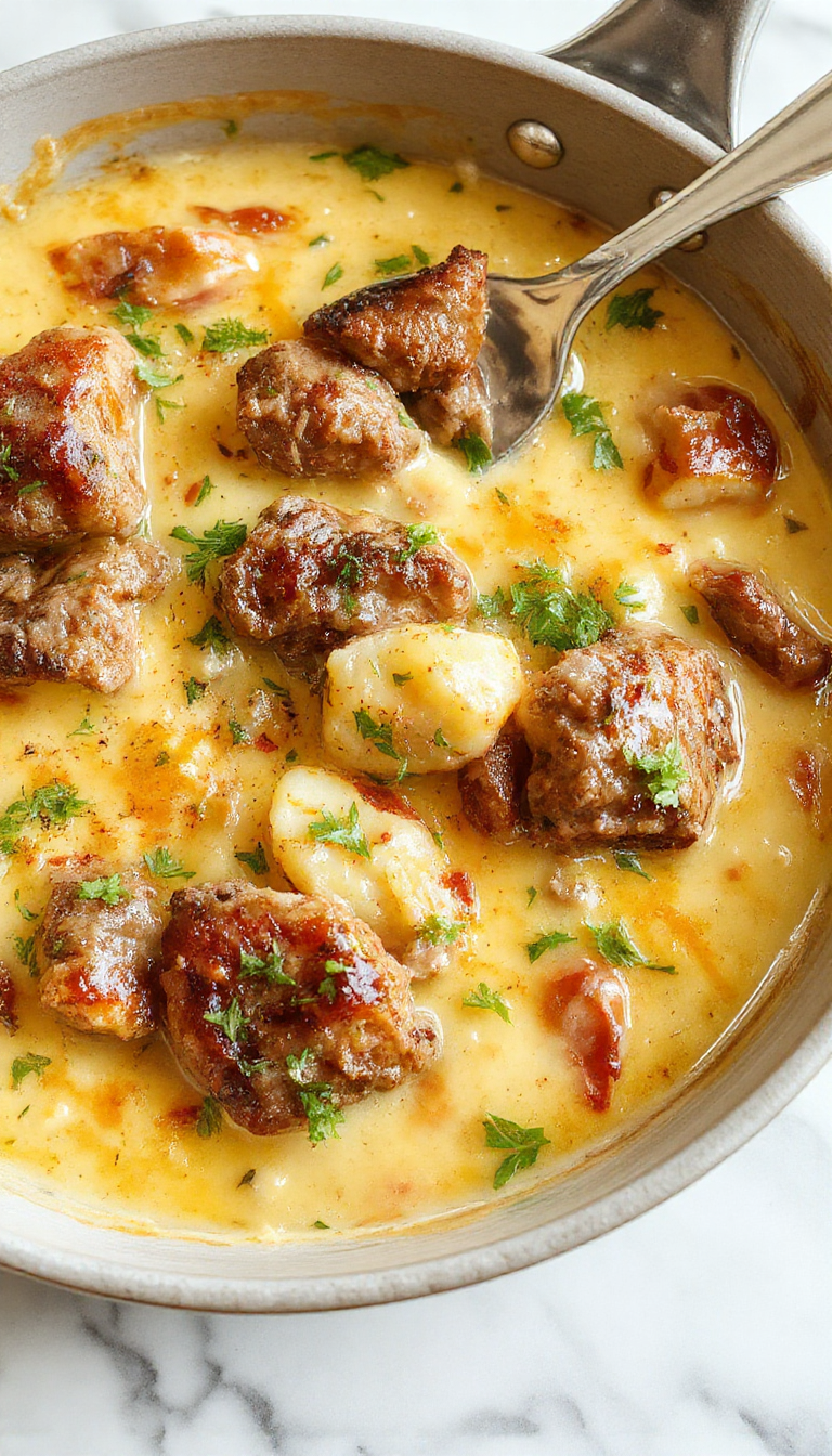 A vibrant, close-up shot of a one-pan creamy meat and potato skillet featuring golden-brown sliced potatoes, tender cooked meat, and a luscious creamy sauce. The dish is garnished with fresh herbs and served on a rustic white plate, showcasing rich textures and warm colors, with steam rising to emphasize freshness and comfort.