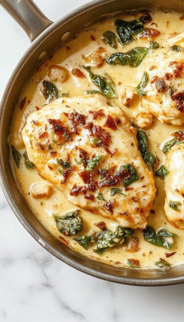 A sizzling one-pan creamy spinach chicken dish with tender chicken breasts, fresh spinach, and a rich, creamy sauce garnished with herbs.