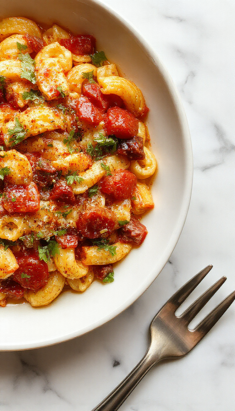 Steaming one-pan orzo pasta with fresh herbs and vegetables, ready for serving on a cozy weeknight dinner table.