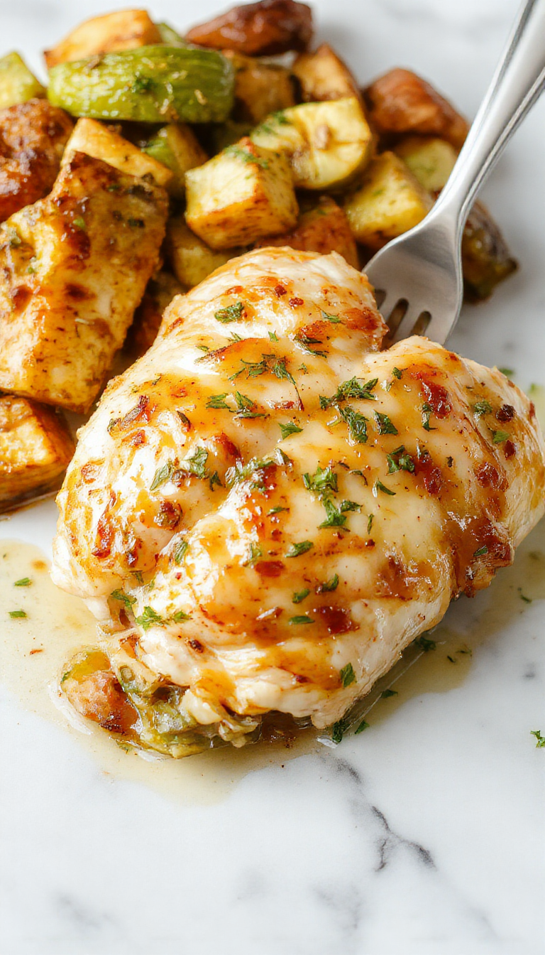 Colorful sheet pan meal featuring golden roasted chicken breasts topped with melted garlic butter, surrounded by vibrant roasted vegetables like cherry tomatoes, zucchini slices, and bell peppers. The dish is styled on a rustic wooden board with fresh herbs sprinkled on top, highlighting crispy textures and tender ingredients.