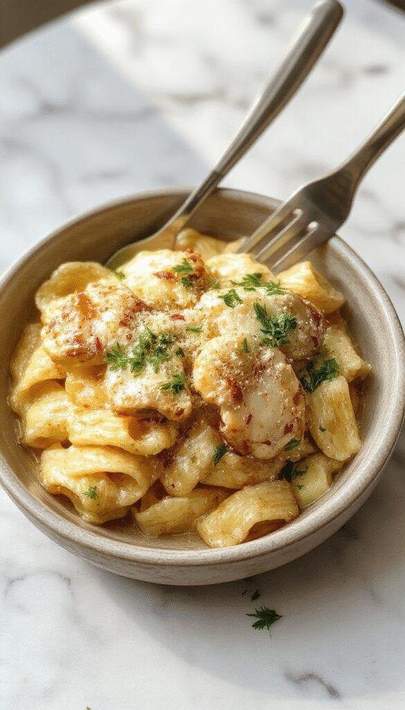A plate of Parmesan Chicken Pasta topped with melted cheese and fresh herbs, served alongside garlic bread on a rustic wooden table.