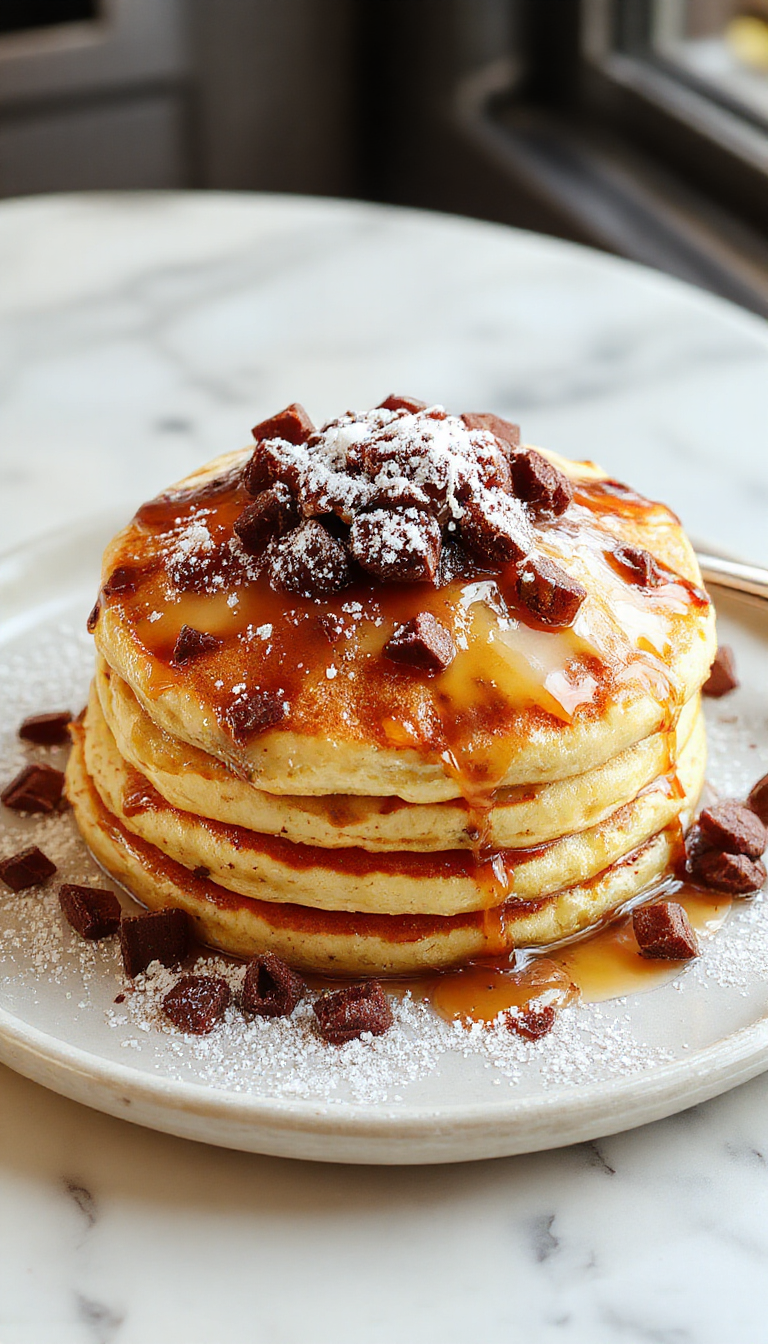 A stack of fluffy Pillowy Paradise Pancakes topped with fresh berries and a dusting of powdered sugar, served on a rustic wooden plate.