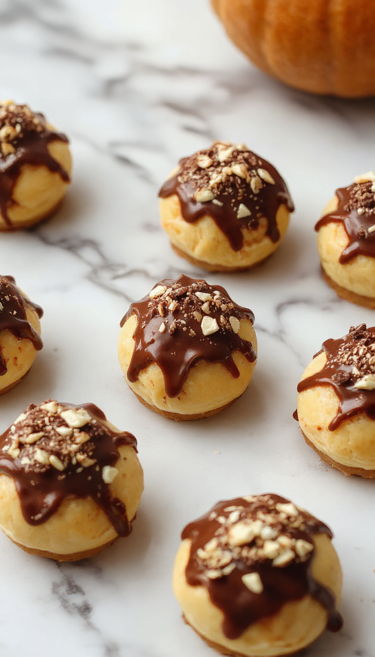 Close-up of Pumpkin Cheesecake Truffle Bites arranged on a decorative platter, showcasing their creamy texture and pumpkin spice decoration.