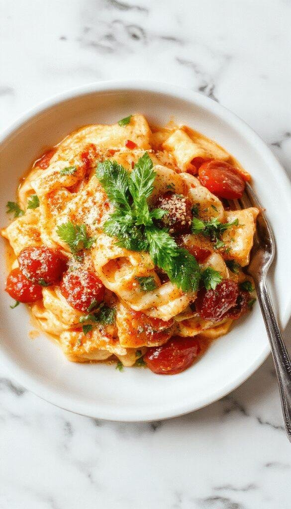 A plate of vibrant creamy tomato pasta topped with fresh basil and grated cheese, served on a rustic wooden table.