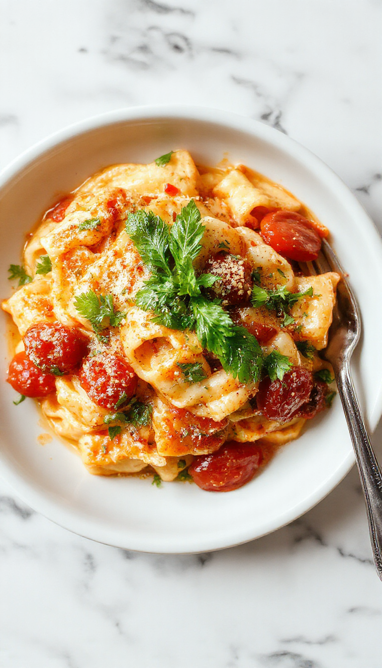 A plate of vibrant creamy tomato pasta topped with fresh basil and grated cheese, served on a rustic wooden table.