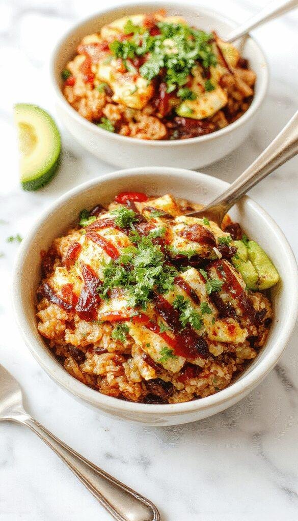 A vibrant taco rice bowl topped with fresh vegetables, melted cheese, and seasoned meat, served on a rustic plate.