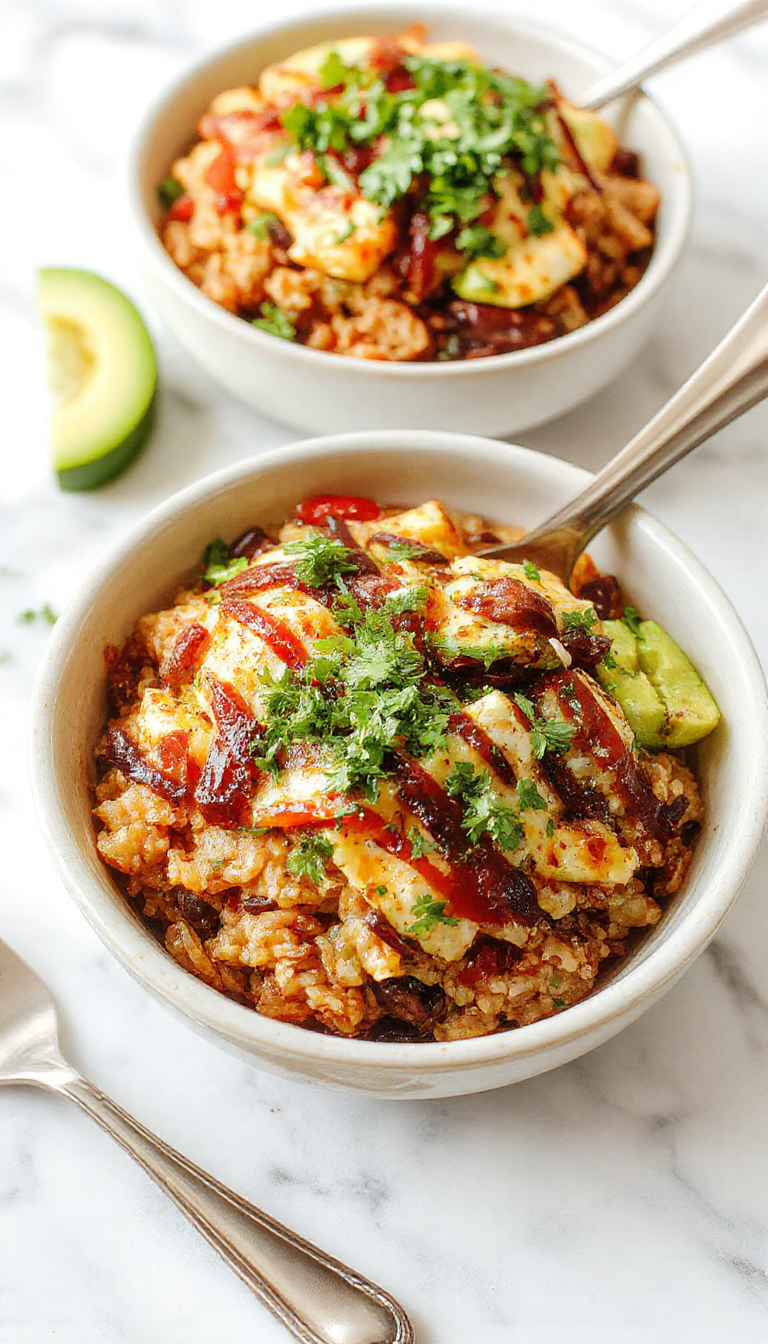 A vibrant taco rice bowl topped with fresh vegetables, melted cheese, and seasoned meat, served on a rustic plate.